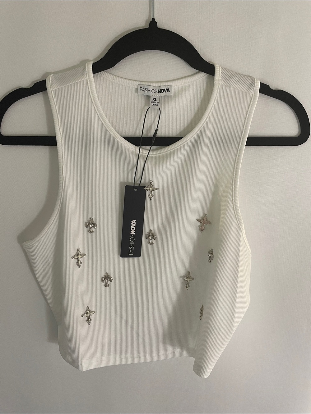 Fashion Nova White Ribbed Tank with Crystal Cross Accents